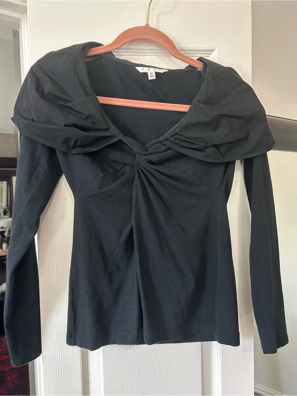 CAbi Black Twist-Front Long Sleeve Top with Draped Collar